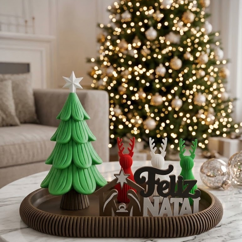 Kit Decoração de Natal Minimalista | Bandeja, Árvore, Renas e Placa Decorativa